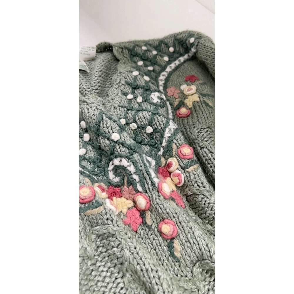 VTG Shenanigans Hand Knit Sweater L Sage Green Floral Hearts Country Cottage